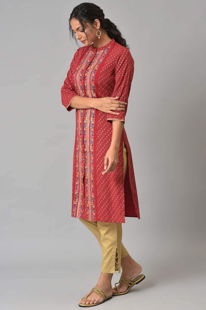 W For Woman Red Geometric Printed Synthetic Regular Glitter Kurta