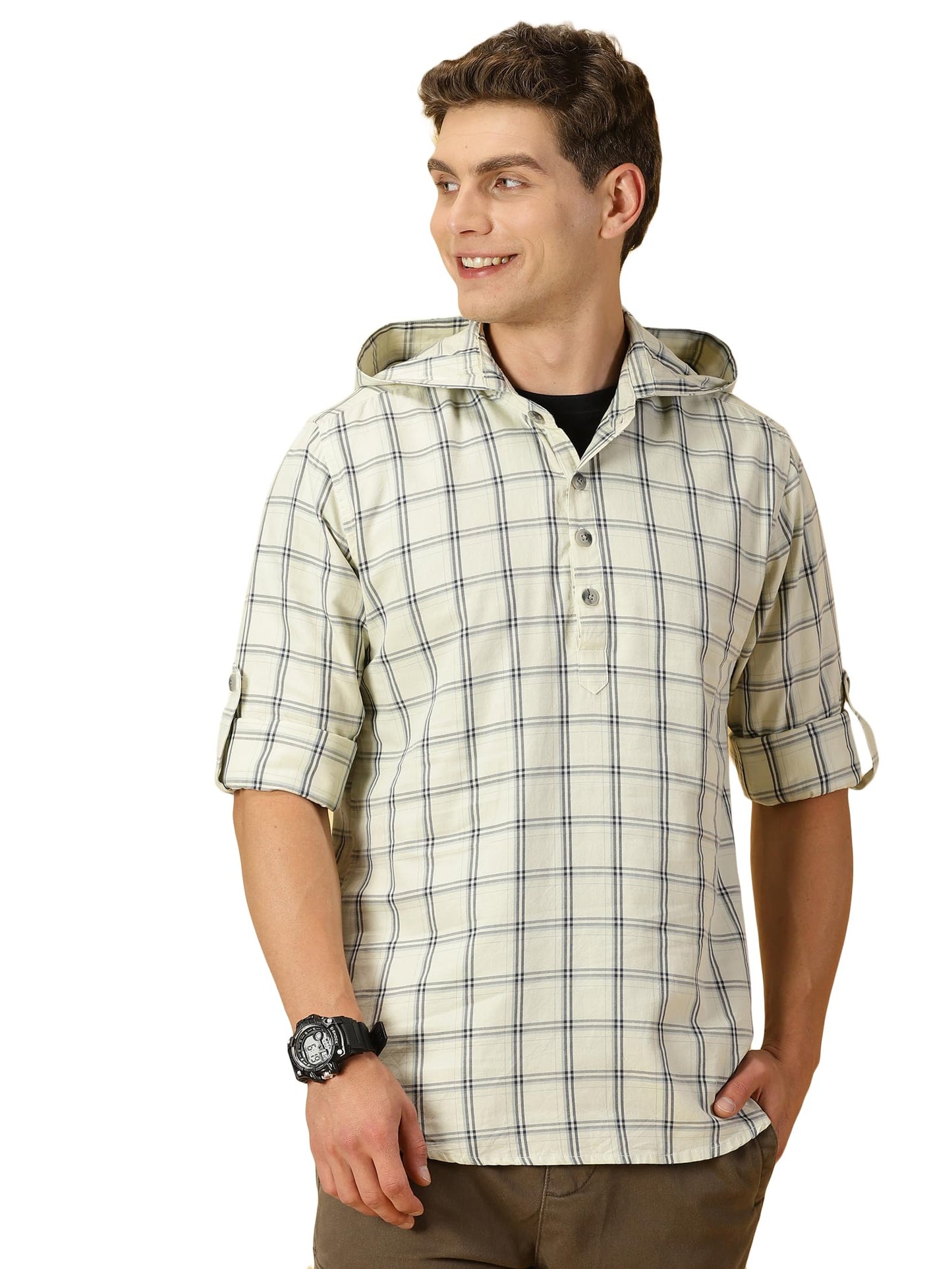 Thomas Scott 100% Cotton Checkred Hodiee Half Placket Shirts for Mens