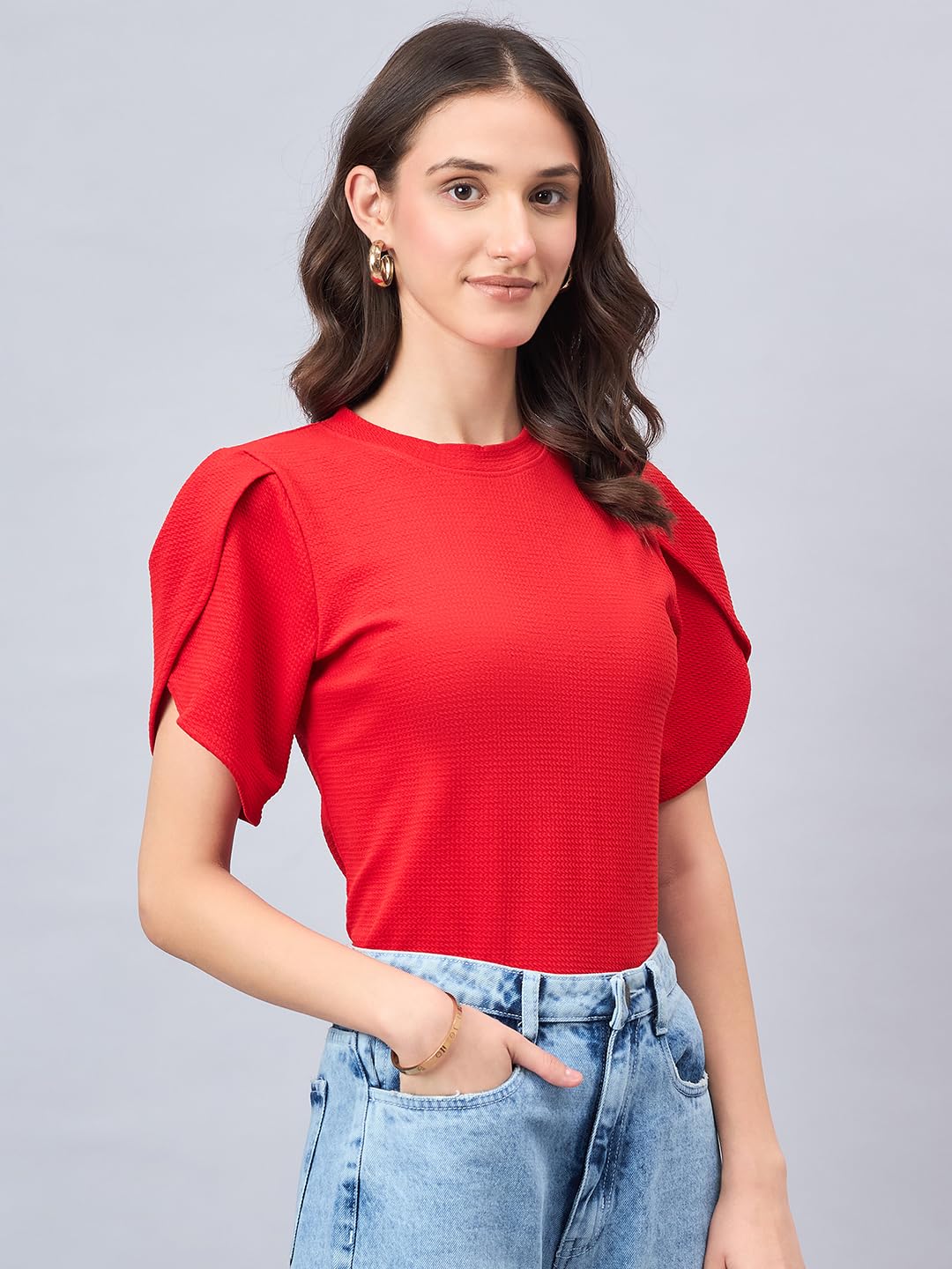 Style Quotient Women Solid Red Poly Knit Smart Casual Regular Tulip Sleeve Top