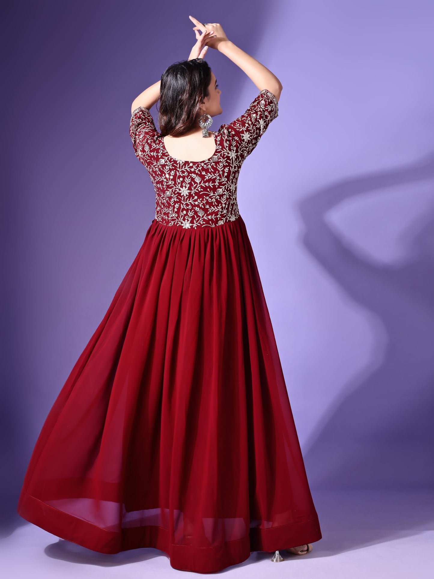 Wedani Georgette Embroidered Long Gown for Women Maroon