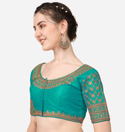 Pujia Mills WomenS Silk Embroidery Sequin Stone Work Readymade Saree Blouse