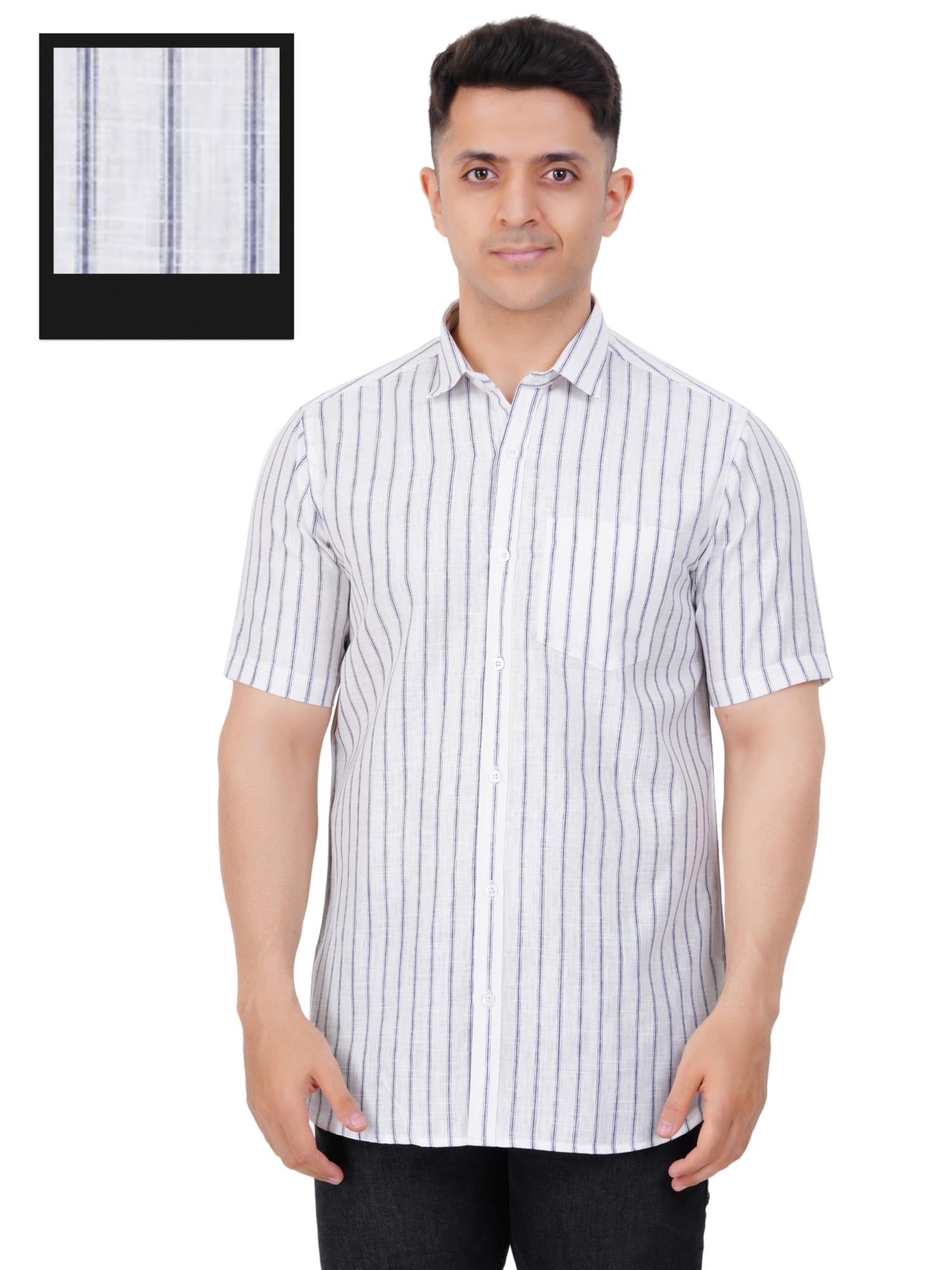 PRAKASAM COTTON Striped Design Cotton Linen Half Sleeve Shirt for Men/Formal Slim Fit Cotton Linen Half Sleeve Shirt for Men