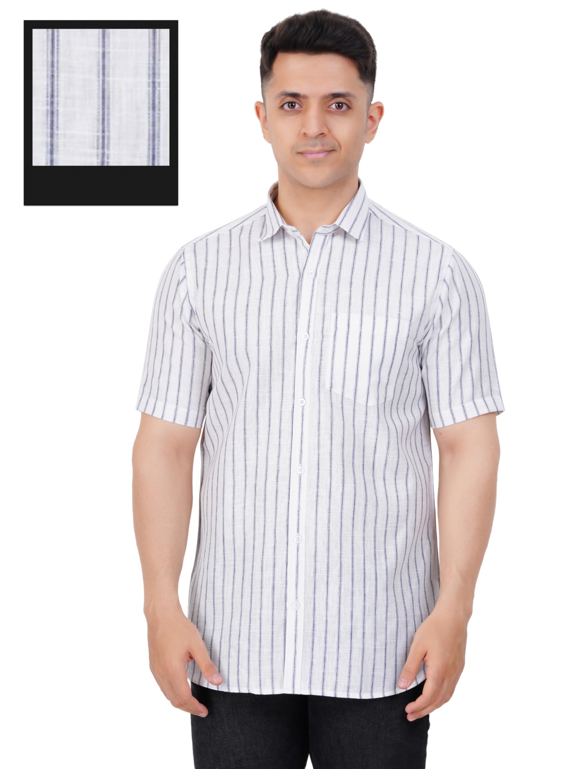 PRAKASAM COTTON Striped Design Cotton Linen Half Sleeve Shirt for Men/Formal Slim Fit Cotton Linen Half Sleeve Shirt for Men