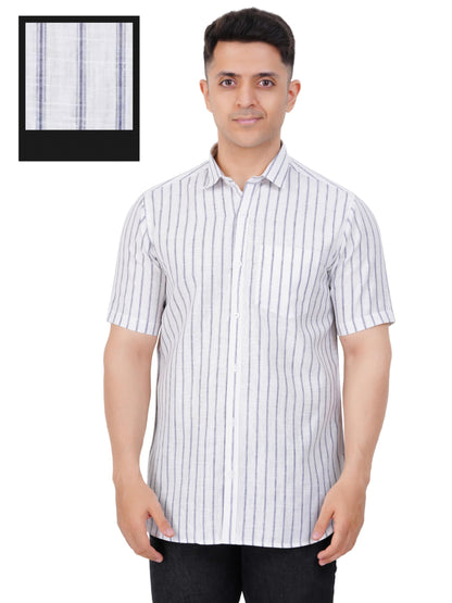 PRAKASAM COTTON Striped Design Cotton Linen Half Sleeve Shirt for Men/Formal Slim Fit Cotton Linen Half Sleeve Shirt for Men
