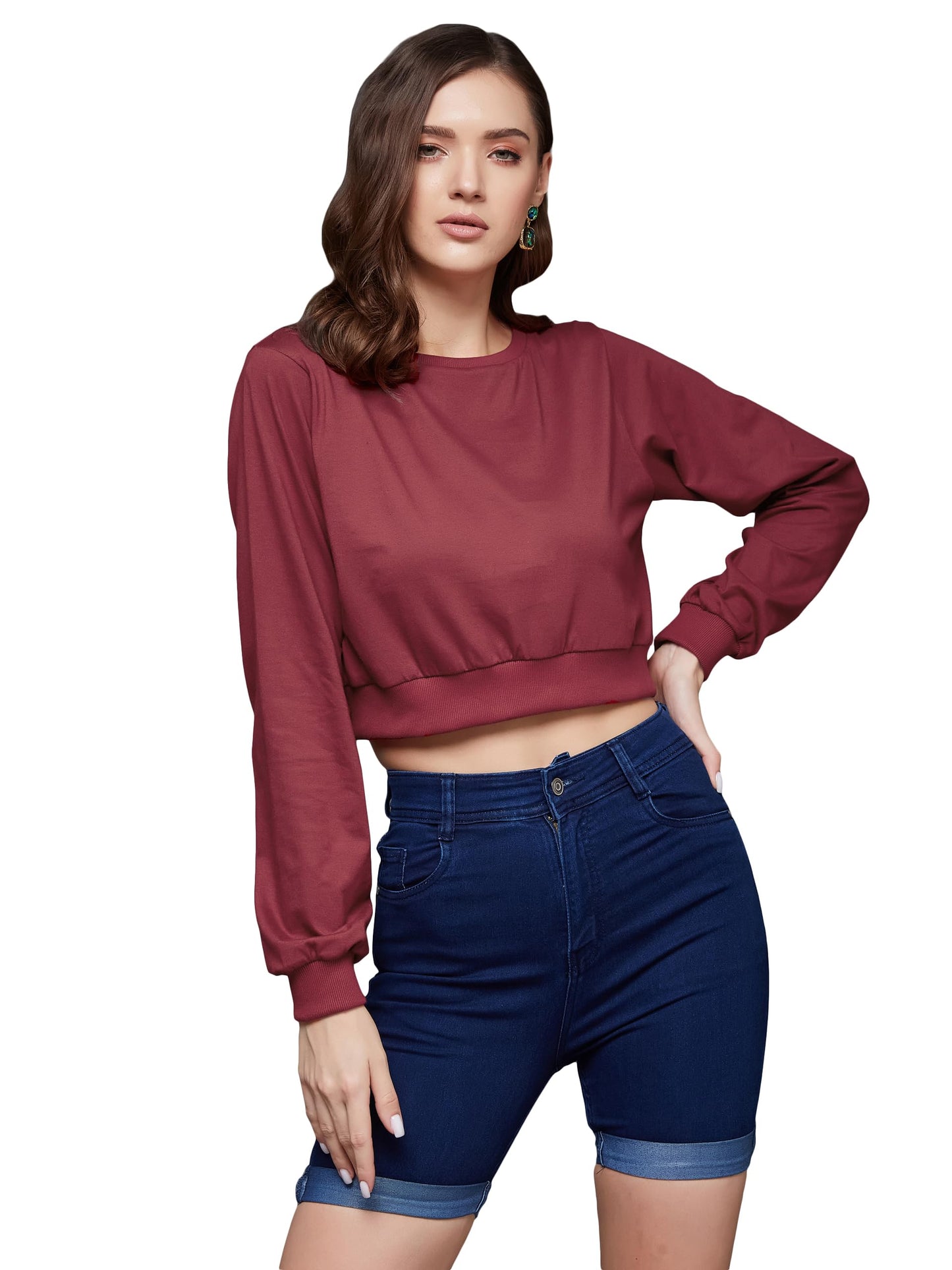Miss Chase Womens Round Neck Full Sleeves Oversized Boxy Crop Top (MCAW23TP99-54-143-03, Maroon, S)