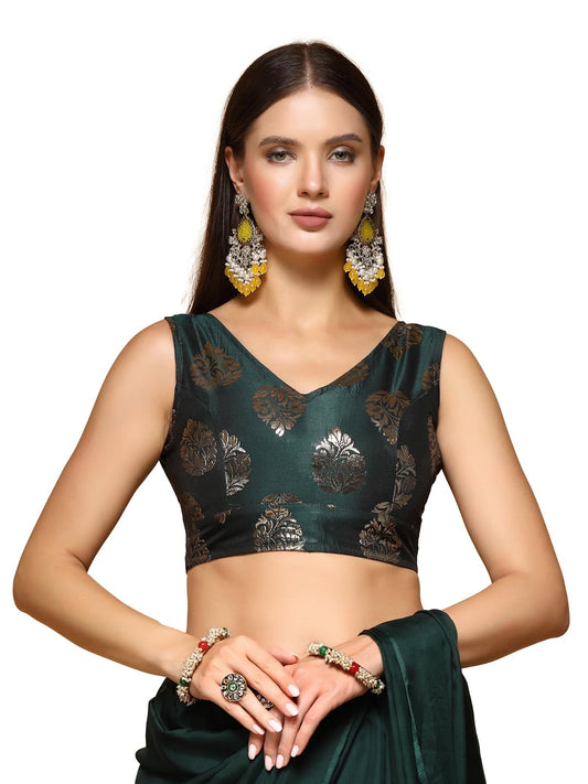 OOMPH! Womens Indian Ethnic Wear Designer Big Paisley Pattern Zari Work V Neck Sleeveless Forest Green Color Brocade Readymade