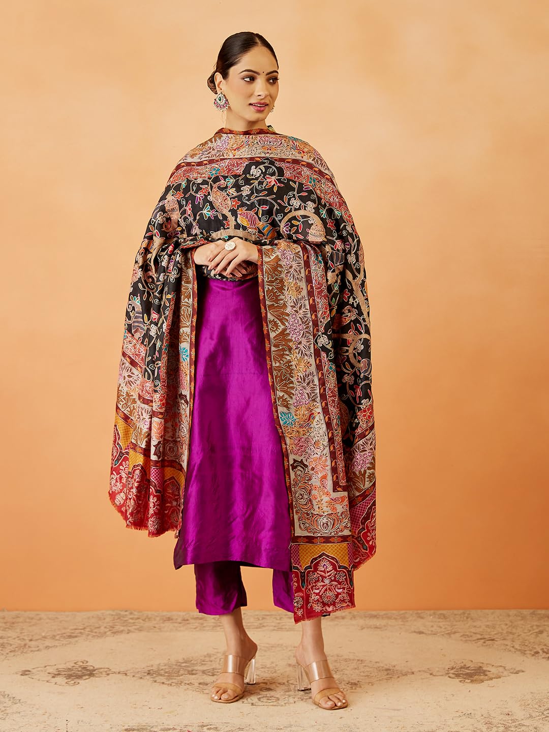 Pashmoda Women Bahaar Fine Wool Fabric Pashmina Kalamkari Embroidered Shawl, Stole and Wrap, Sustainable and Natural Fabric, Her