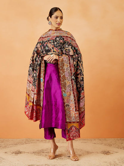 Pashmoda Women Bahaar Fine Wool Fabric Pashmina Kalamkari Embroidered Shawl, Stole and Wrap, Sustainable and Natural Fabric, Her