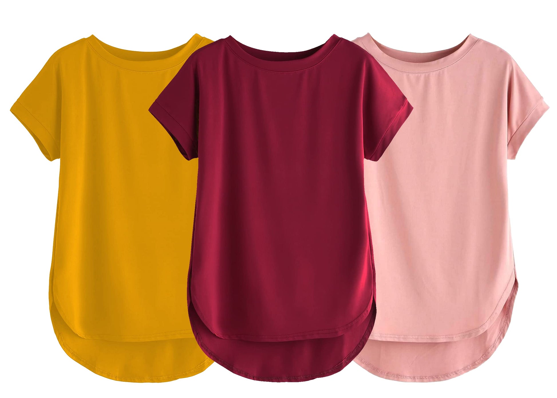 Fabricorn Combo Of Three Plain Maroon, Mustard Yellow And Dusty Rose Round Neck Up And Down Cotton Tshirt For Women (Maroon, Mus