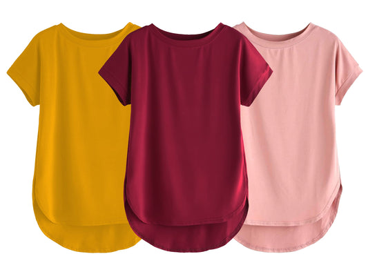 Fabricorn Combo Of Three Plain Maroon, Mustard Yellow And Dusty Rose Round Neck Up And Down Cotton Tshirt For Women (Maroon, Mus