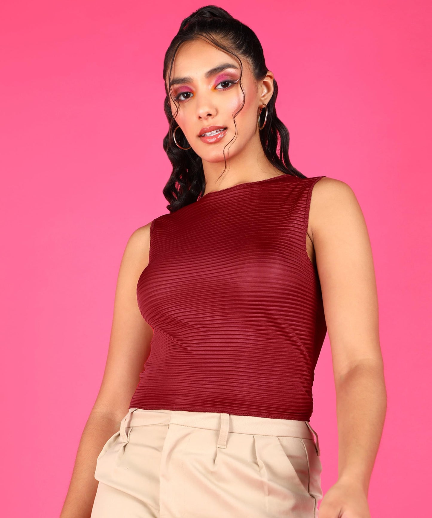 POPWINGS Casual Self-Design Wrinkle Round-Neck Sleeveless Crop Top for Women || Summer Wear Crop Tops for Women || Latest Stylis