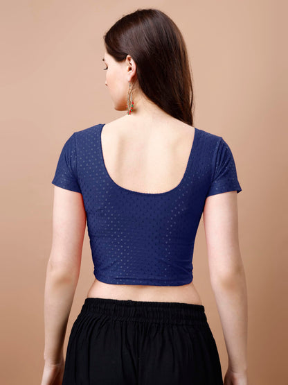Pujia Mills Womens Readymade Dobby Cotton Lycra Stretchable Round Neck Short Sleeve Blouse Fancy Navy Blue Color Lycra Stretcha