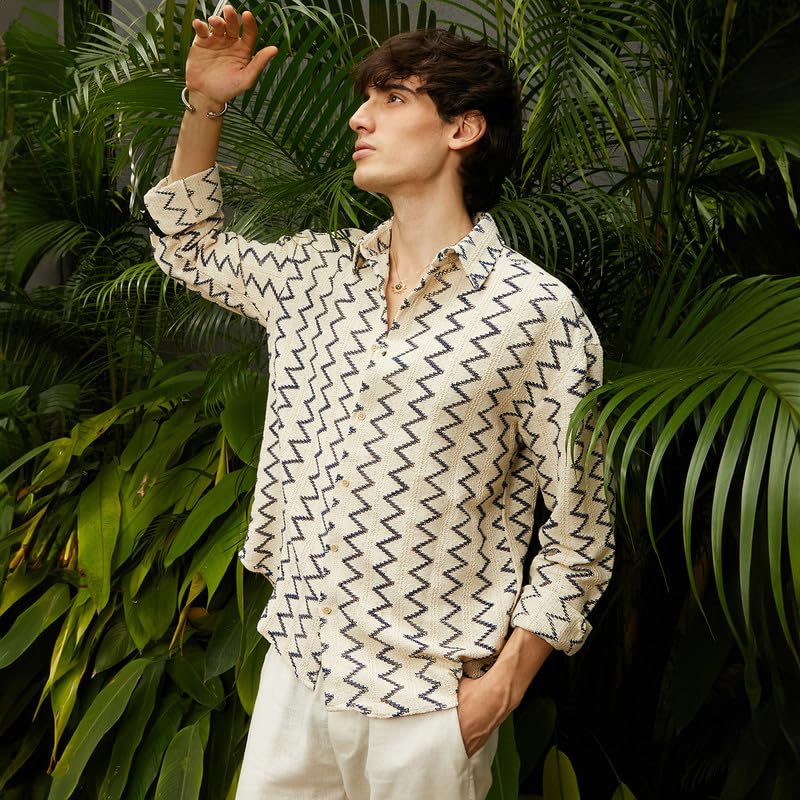 Campus Sutra Mens Cream White Zig-Zag Knit Shirt | Casual Wear | Spread Collar | Long Sleeve | Button Closure | Shirt Crafted w