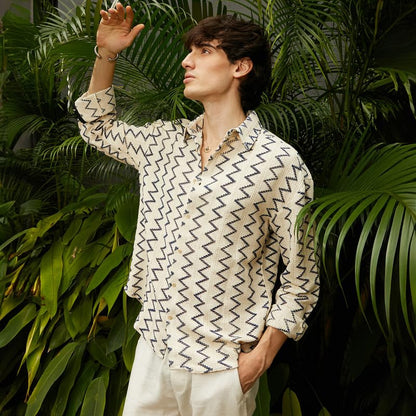 Campus Sutra Mens Cream White Zig-Zag Knit Shirt | Casual Wear | Spread Collar | Long Sleeve | Button Closure | Shirt Crafted w