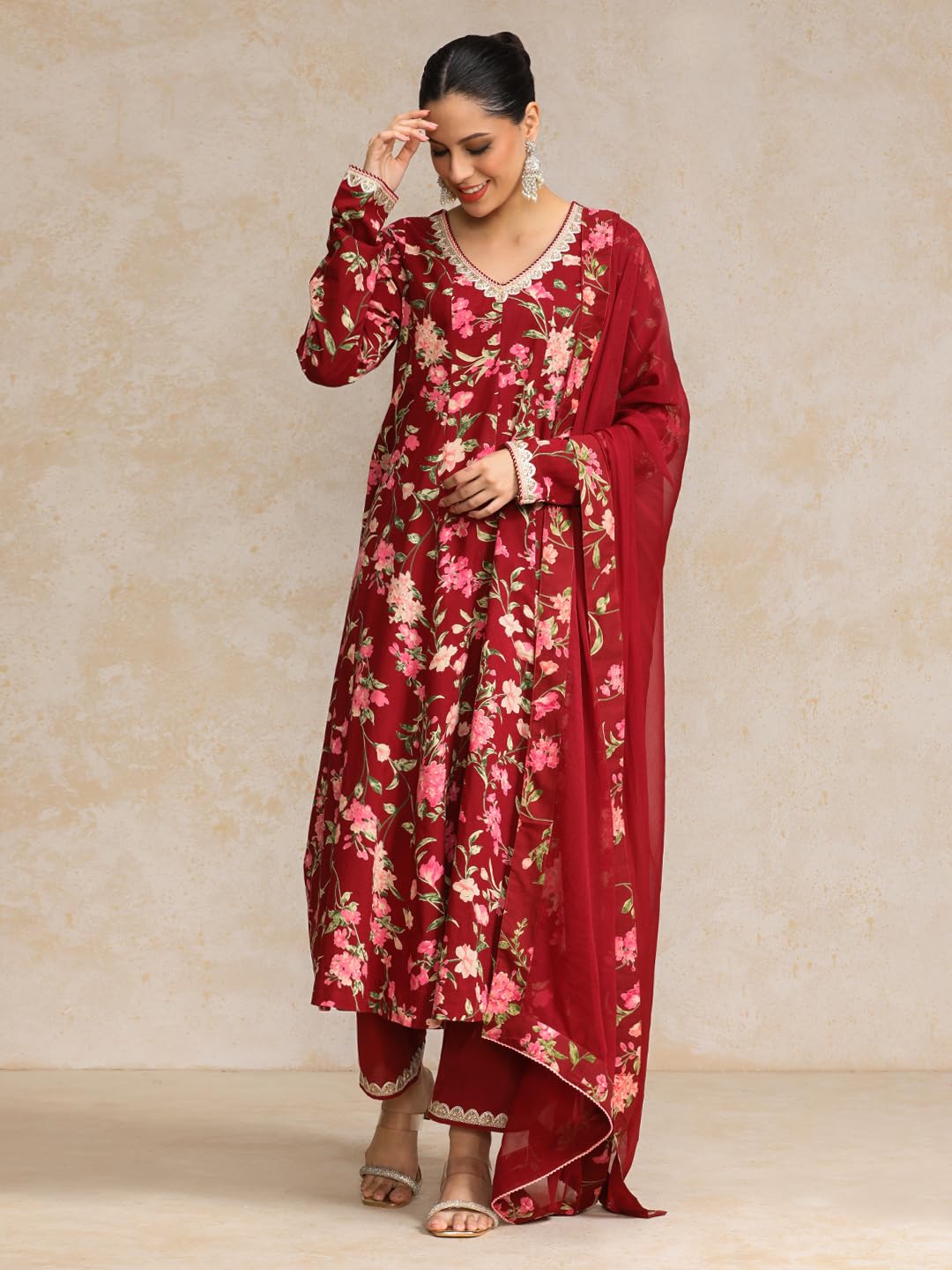 Varanga Floral Printed V Neck Anarkali Kurta With Trouser & Dupatta-Karva Chauth Special