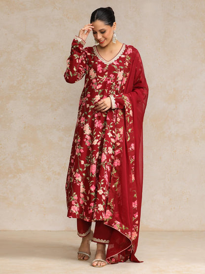Varanga Floral Printed V Neck Anarkali Kurta With Trouser & Dupatta-Karva Chauth Special