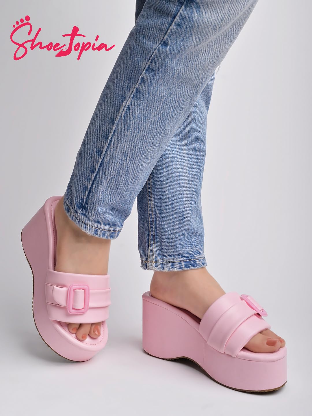 Shoetopia WomenS Pink Platform Slip-On Sandals  Chunky Wedge Slides With Buckle Strap Stylish Comfortable, Durable Perfect For