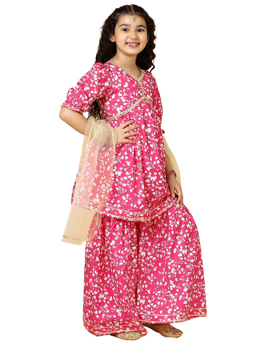 A.T.U.N. (ALL THINGS UBER NICE) Fuchsia Floral Printed Kurti, Sharara with Dupatta Set for Girls