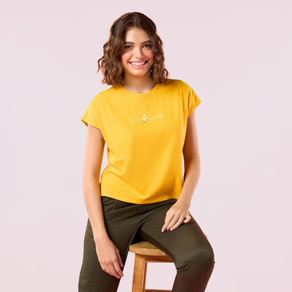Enamor Womens Solid Relaxed Fit T-Shirt (E3G7_Saffron Keep Growing