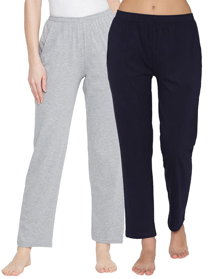 Clovia Womens Cotton Pack of 2 Pyjama with Elastic Waistband (COMBLB778_Grey & Blue_S)