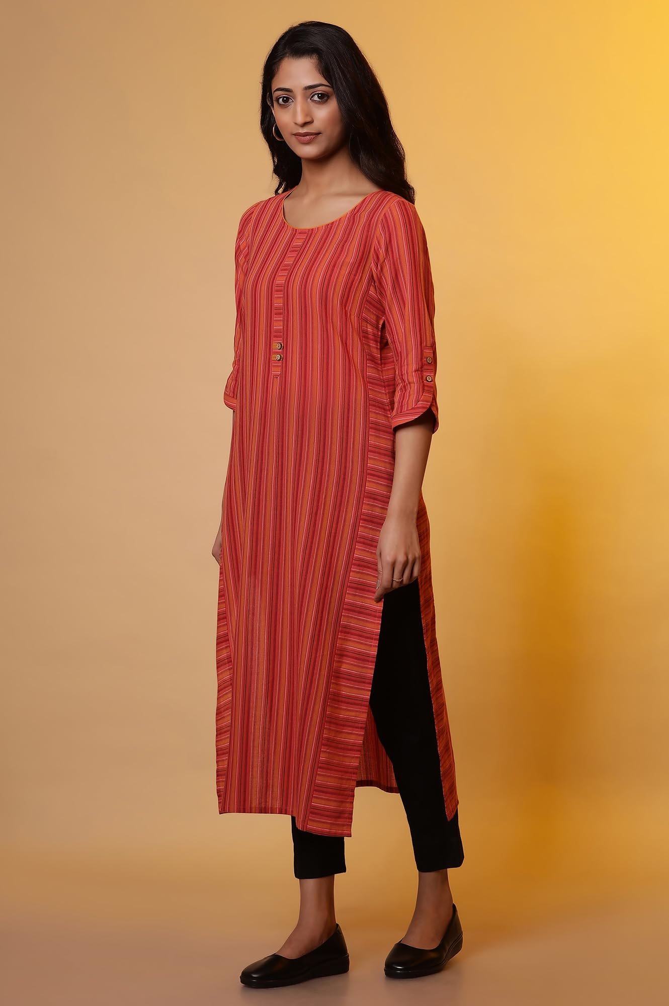 Aurelia WomenS Cotton Striped Regular Kurta (24Fea14841_Orange