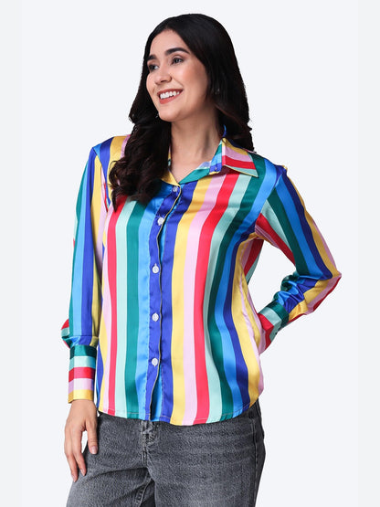 POPWINGS Printed Full-Sleeves Regular-Fit Satin Printed Shirt for Women Stylish Western Casual Wear Blue