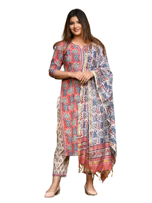 GRECIILOOKS Cotton Blend Floral with Dupatta Kurti Festive Set for Women | Regular Fit Kurta