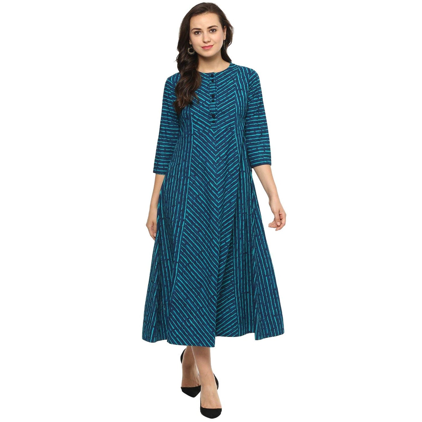 idaLia Pure Cotton 3/4 Sleeve,Round Neck Striped Flared Blue Kurta for Women