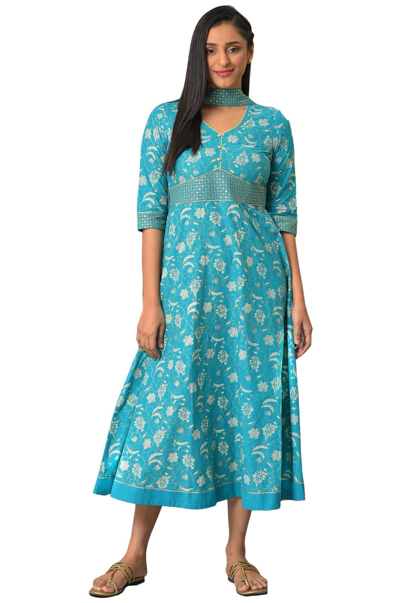 Aurelia Blue Zari Embroidered Dress And Dupatta (Size: XS)-24AUAS13927-506430