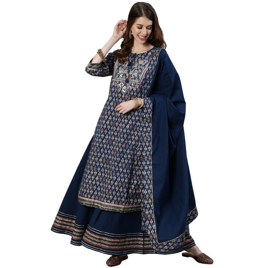 ishin Women's Pure Cotton Navy Blue Embroidered A-Line Kurta set With Trouser and Dupatta