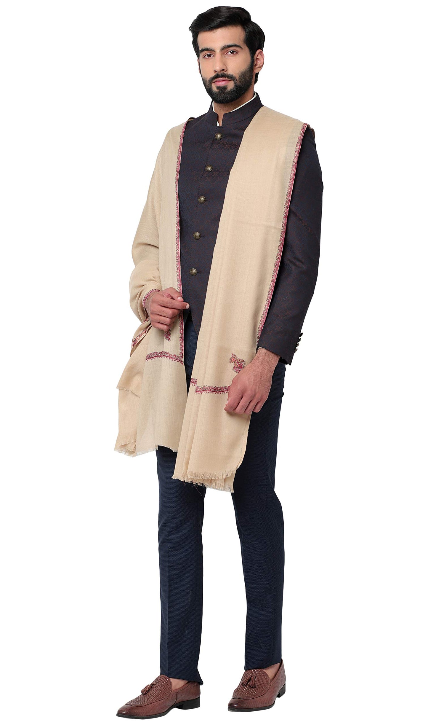 Weavers Villa MenS Embroided Border Kunj Pure Wool Lohi/Woollen Shawl, 125Cm X 250Cm