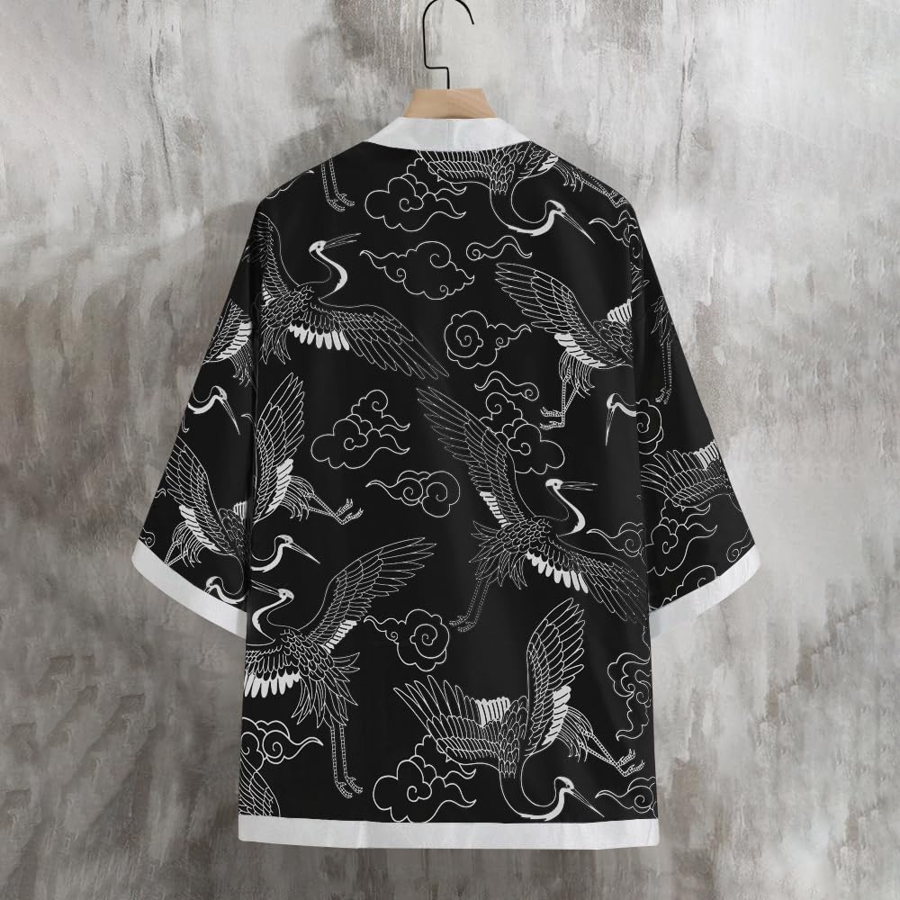Noble Monk Men Cotton Blend Casual Printed Open Shrug Black White