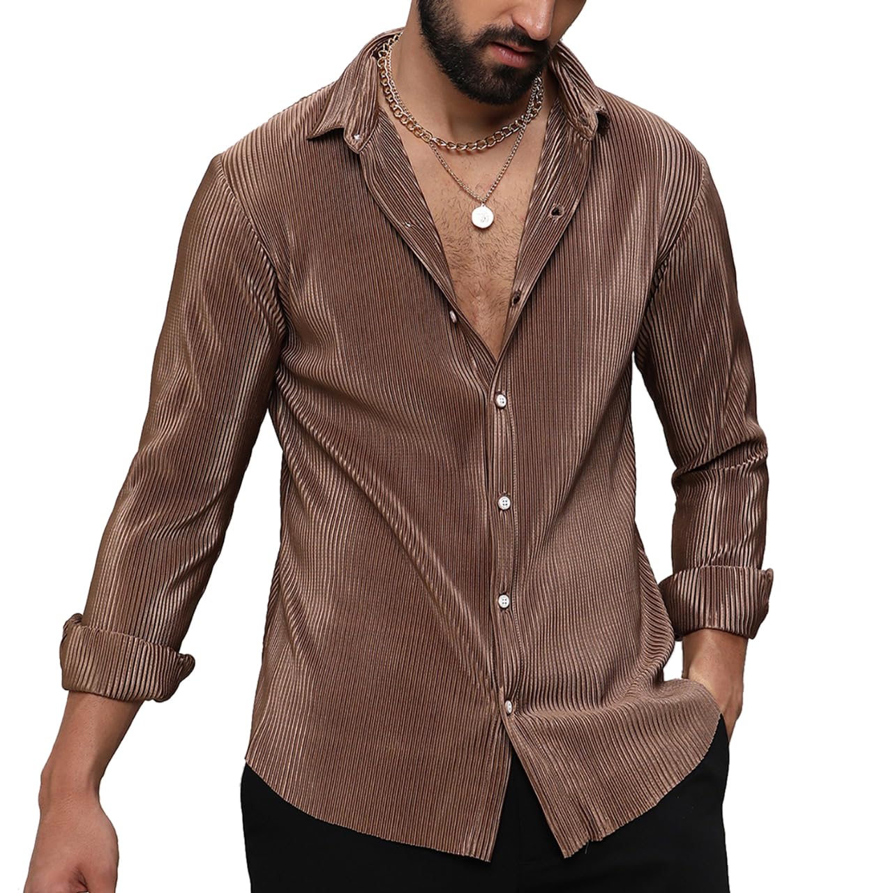Campus Sutra Mens Mocha Brown Pleat-Creased Shirt for Casual Wear |Spread Collar |Long Sleeve | Button Closure | Shirt Crafted