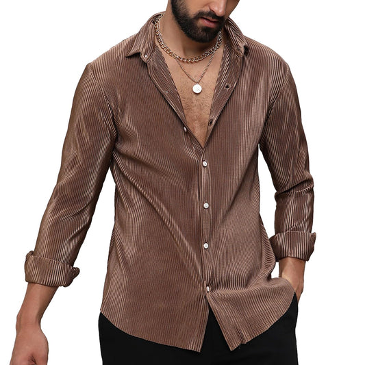 Campus Sutra Mens Mocha Brown Pleat-Creased Shirt for Casual Wear |Spread Collar |Long Sleeve | Button Closure | Shirt Crafted