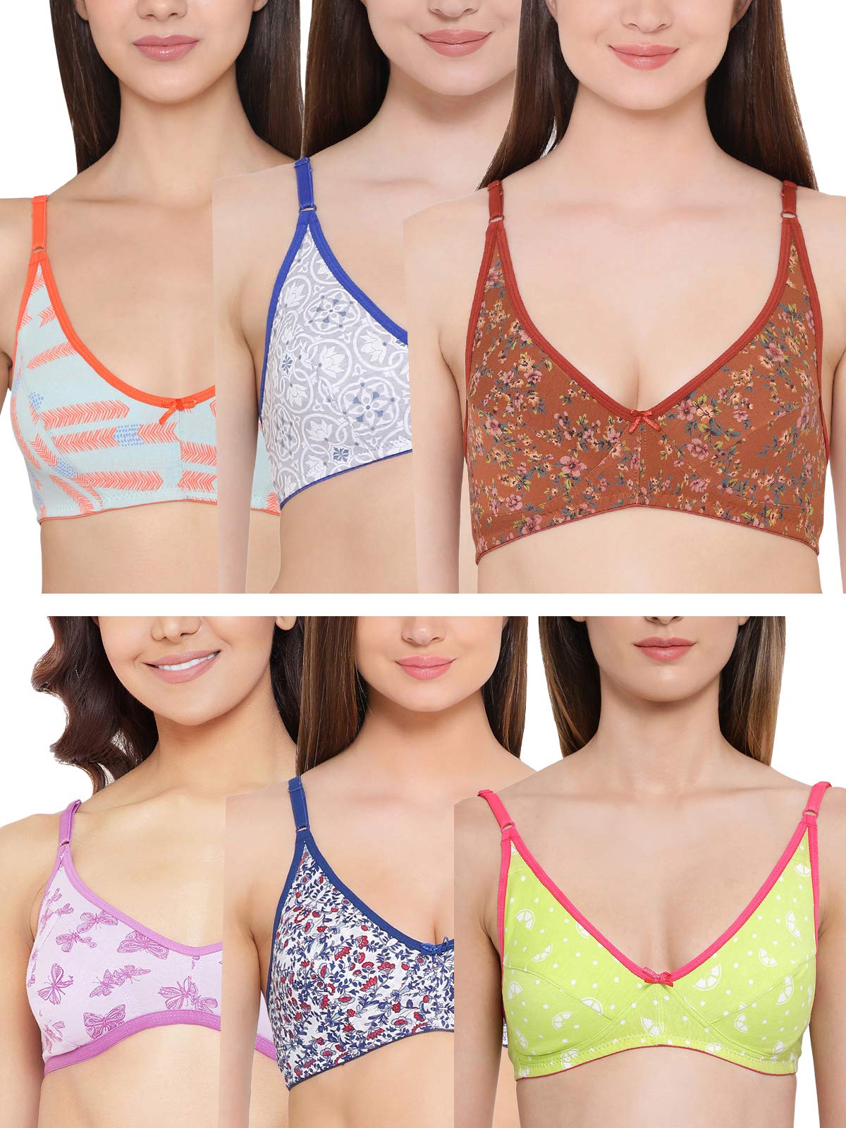 Clovia Womens Cotton Non-Padded Wire Free T-Shirt Bra (COMBRC71234B_Multicolored_34B) (Print and Color May Vary)