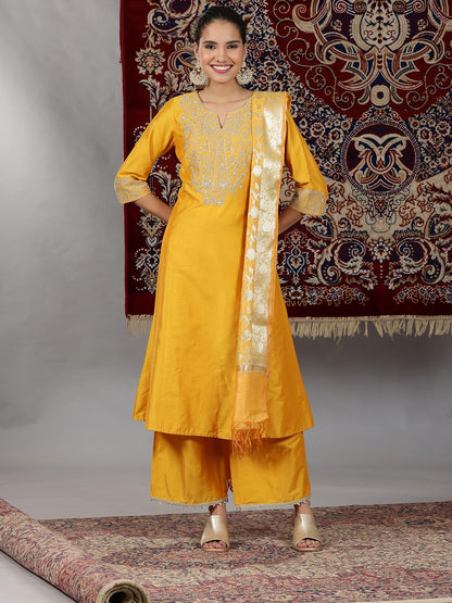 Aurelia WomenS Yarn Dyed Flared Kurta Set With Palazzos And Dupatta For Women