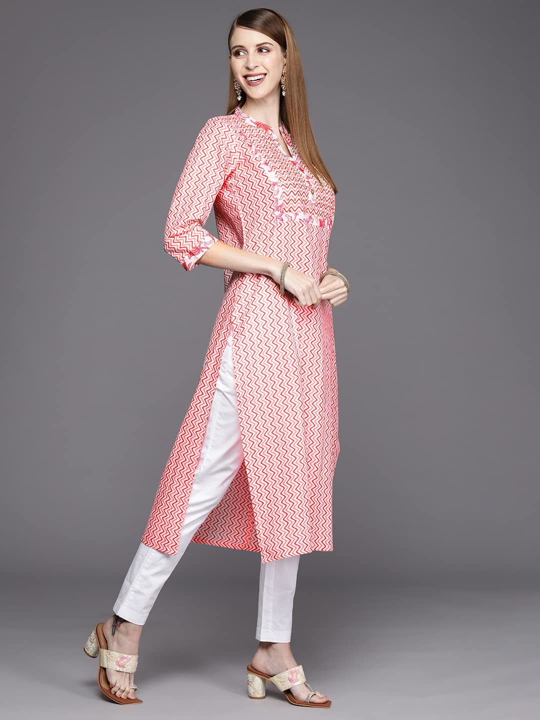 Varanga Peach Printed Straight Kurta With Hand Work Detailinmg