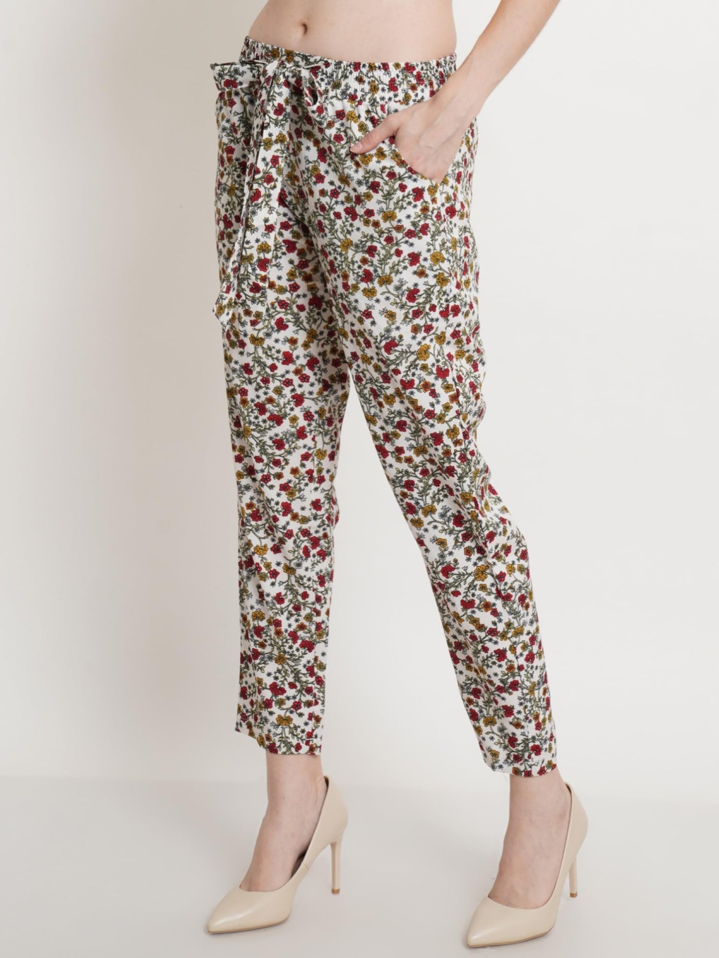 POPWINGS Women Casual White Floral Relaxed Fit Winted Trouser Trousers for Women | Stylish Trousers for Women Trousers for Women
