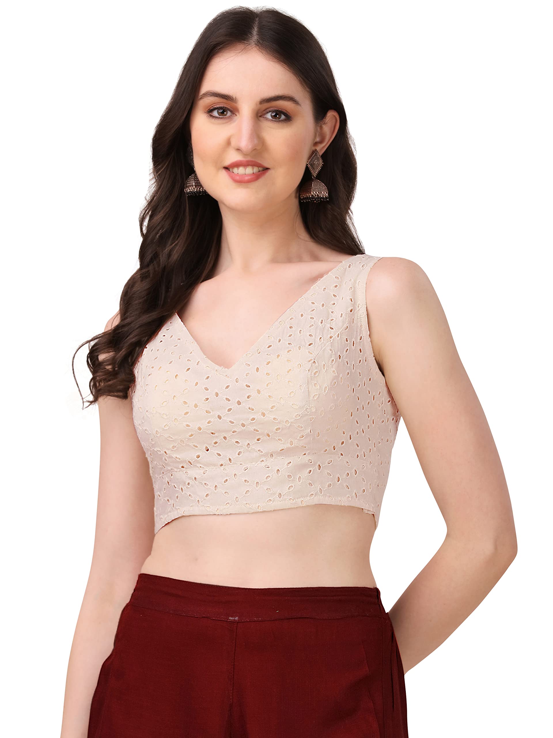 OOMPH! Womens Indian Ethnic Wear Designer Leaf Pattern V Neck Sleeveless Cotton White Blouse for Saree or Lehnga and BlousePala