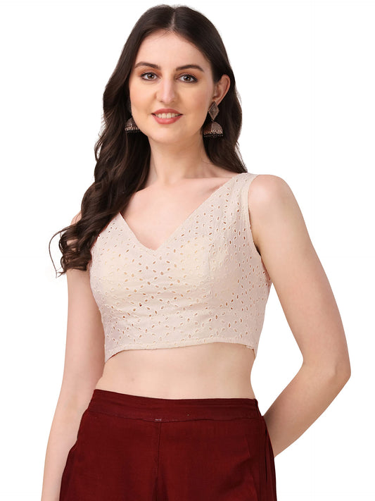 OOMPH! Womens Indian Ethnic Wear Designer Leaf Pattern V Neck Sleeveless Cotton White Blouse for Saree or Lehnga and BlousePala