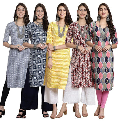 Pinkmint Crepe Printed Kurti For Womens College Wear Kurti Festival Wear Kurti For Women (Pack Of 5)