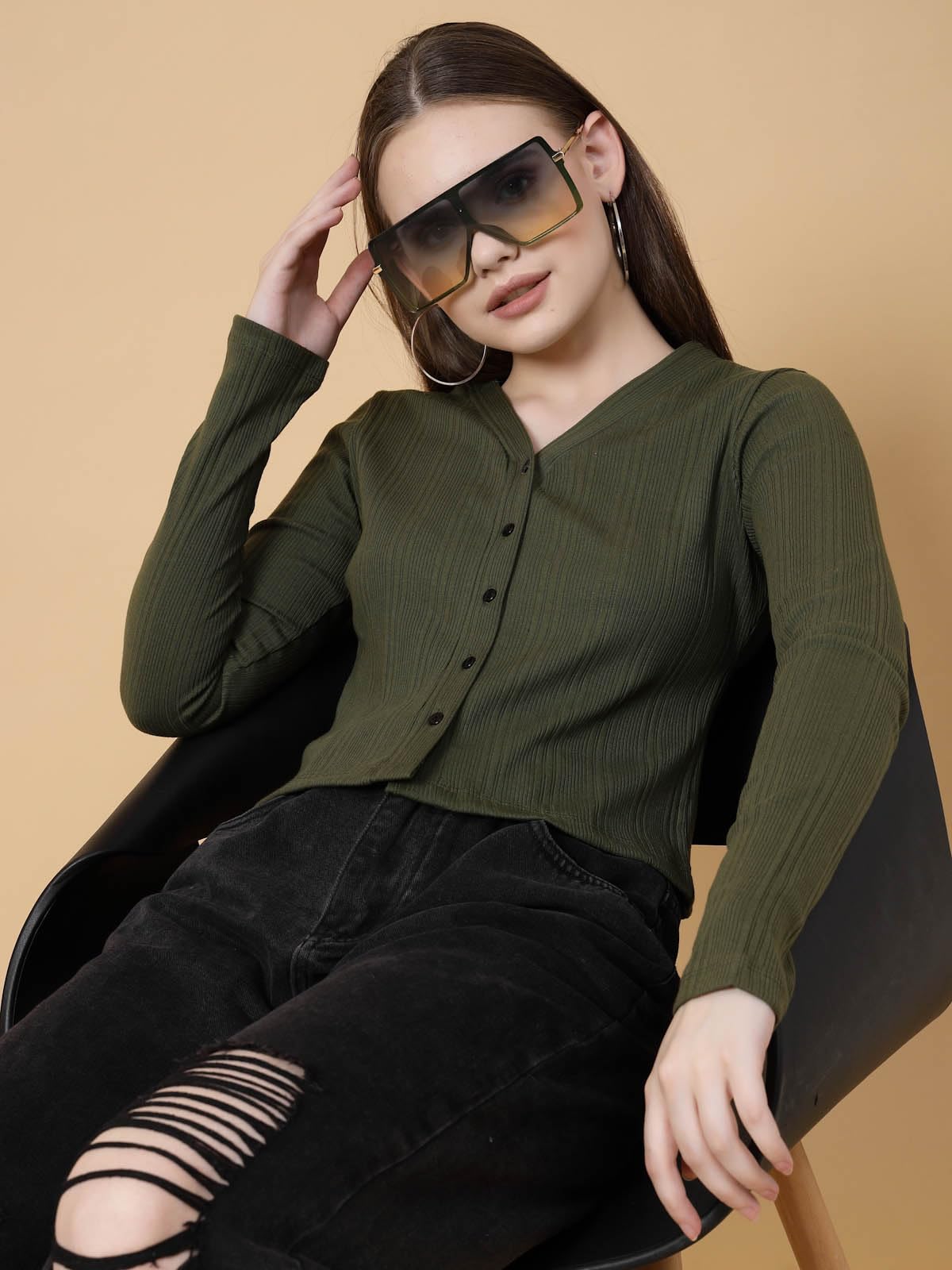 Rigo Casual Wear V Neck Rib Knit Top for Women | Slim Fit Long Sleeves Western Tops for Women