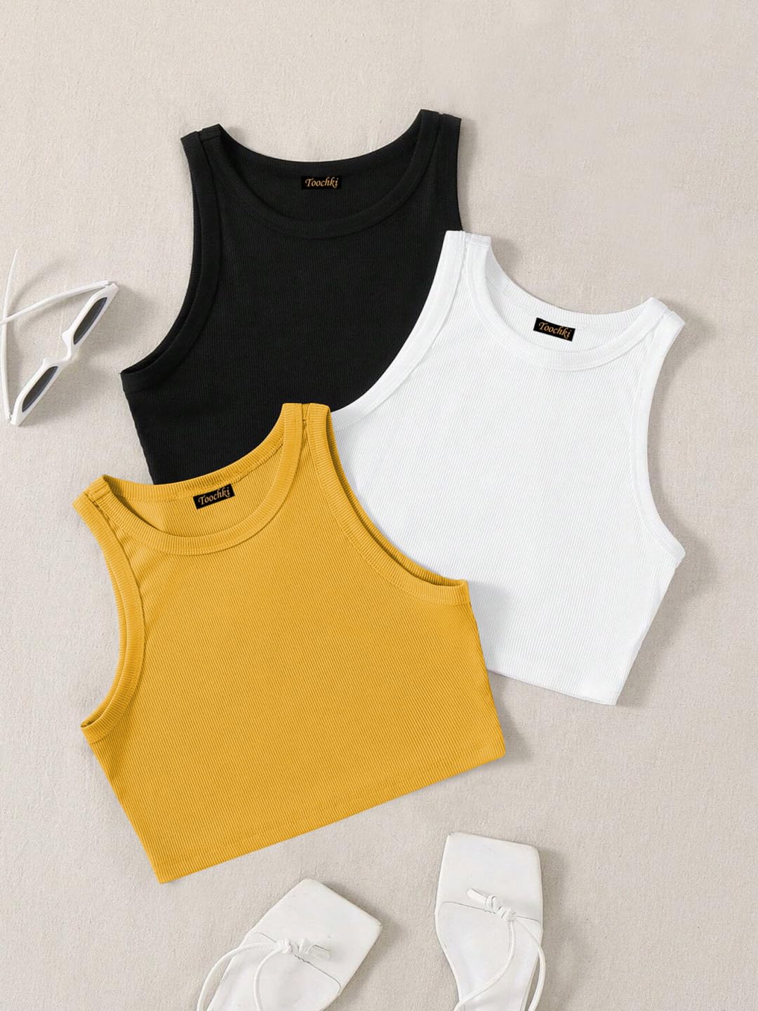 Toochki Tops for Woman | Spandex Top | Crop | Short | Western | for Jeans | Sleeveless | Stretchable | Pack of Three | Black-Whi