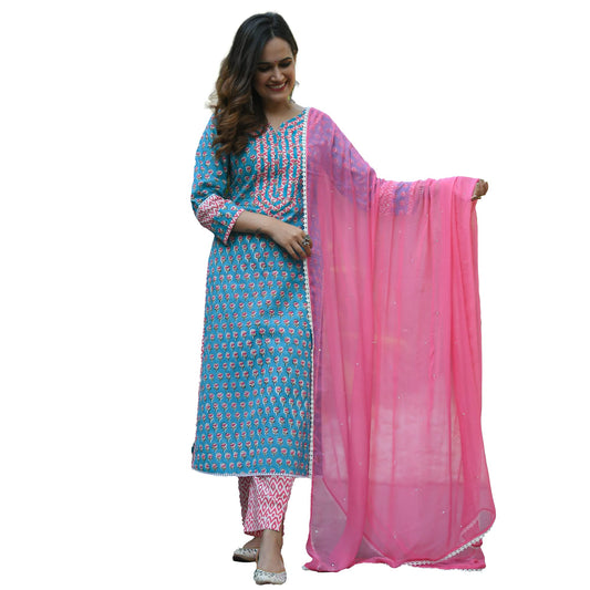 ANNI DESIGNER Women's Pure Cotton Straight Kurta with Palazzos & Dupatta (BP New)