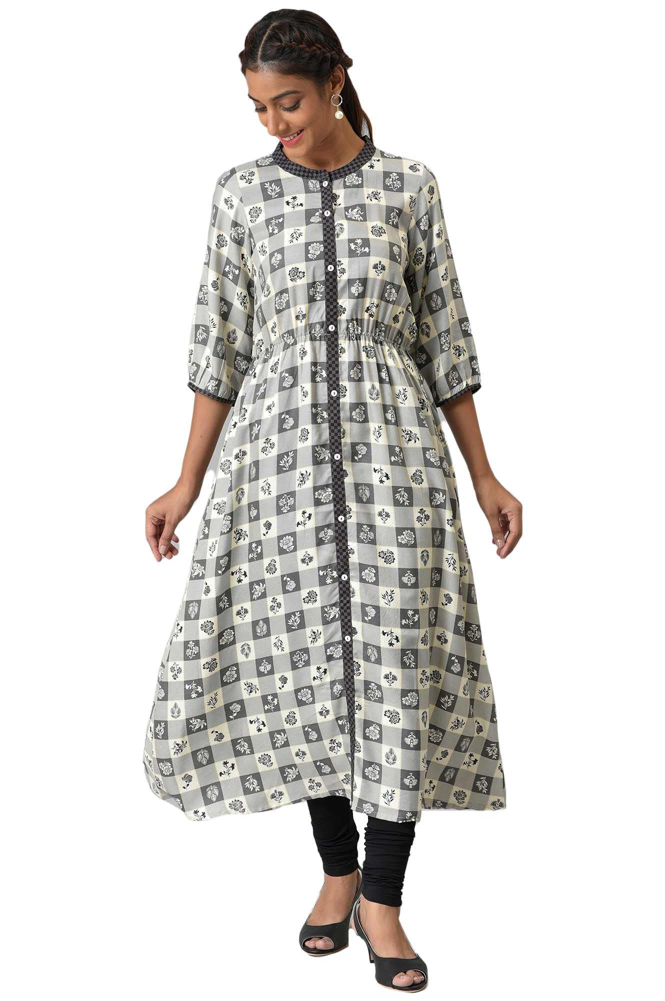 Grey Asymmetrical Colour Blocked Checks Kurta