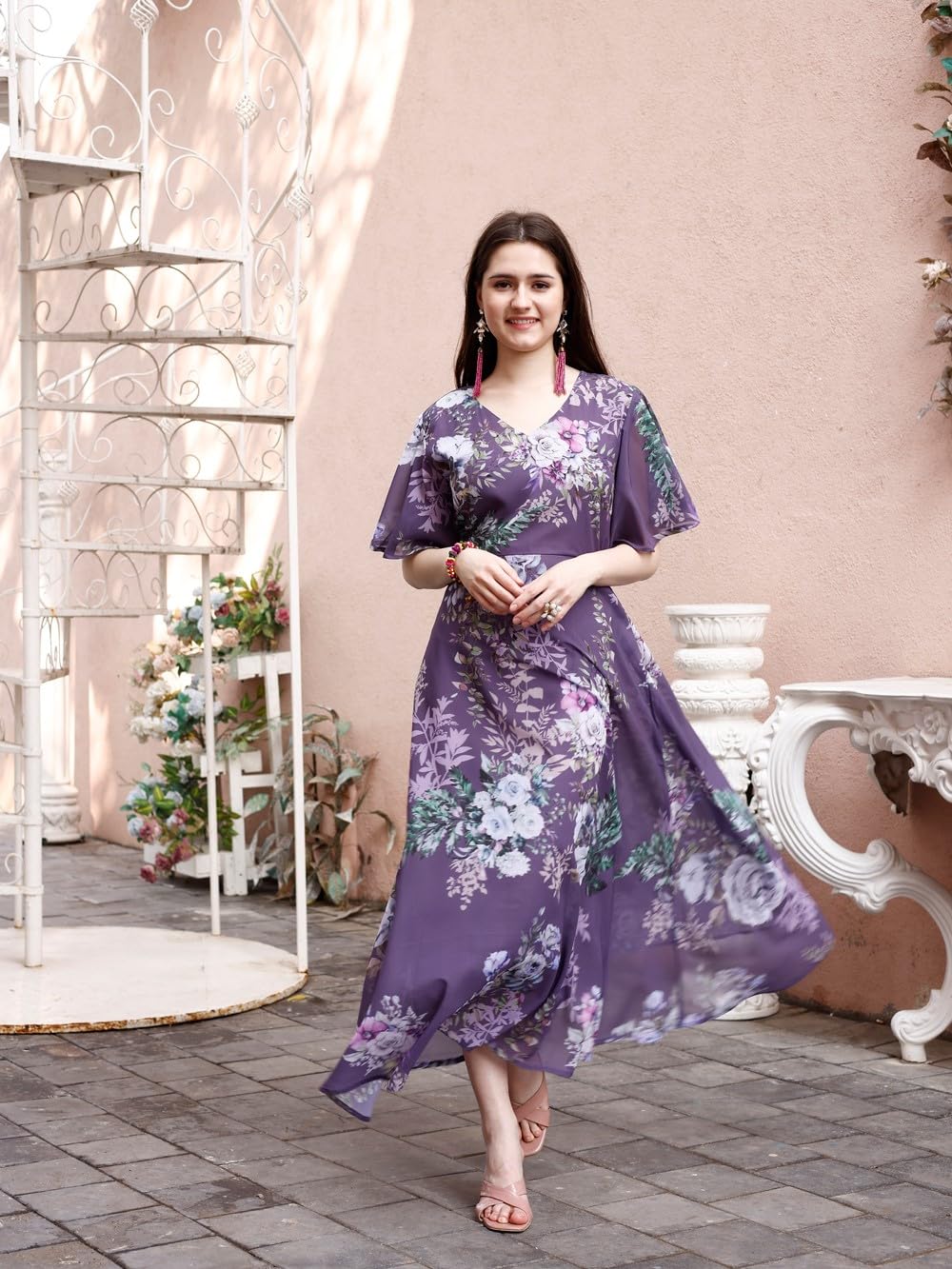 SMOWKLY Womens Georgette Floral Printed Indo-Western Ethnic Gown || Half Sleeve V Neck Fit & Flare Flared Hem Design || Casual
