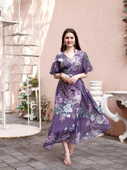 SMOWKLY Womens Georgette Floral Printed Indo-Western Ethnic Gown || Half Sleeve V Neck Fit & Flare Flared Hem Design || Casual
