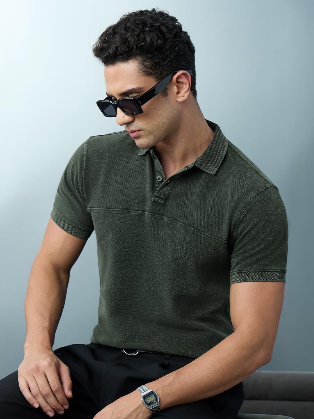 The Souled Store Vintage Wash: Olive Men and Boys Short Sleeves Polo Collar Solid Cotton Regular Fit T-Shirts