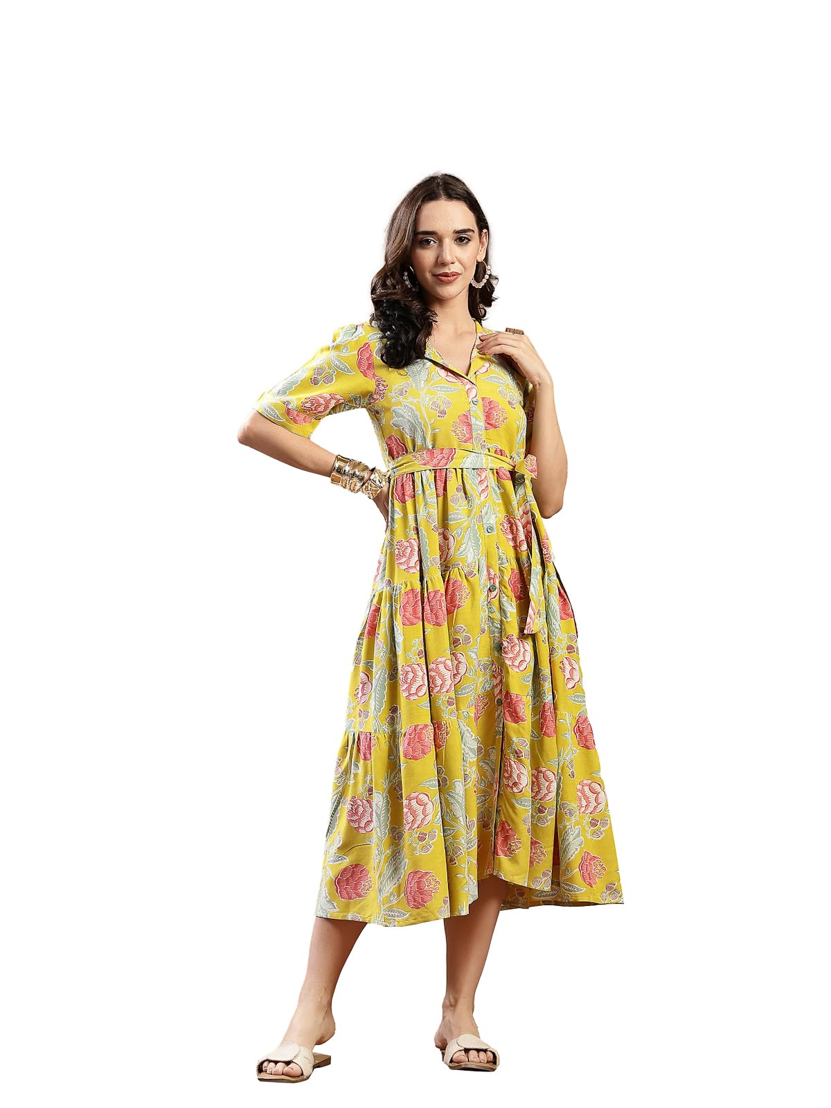 Stylum Womens Yellow Floral Printed Rayon Tiered Dress