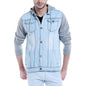 Campus Sutra Mens Light-Washed Blue & Black Regular Fit Denim Jacket for Winter Wear | Hooded Collar | Full Sleeve | Buttoned |